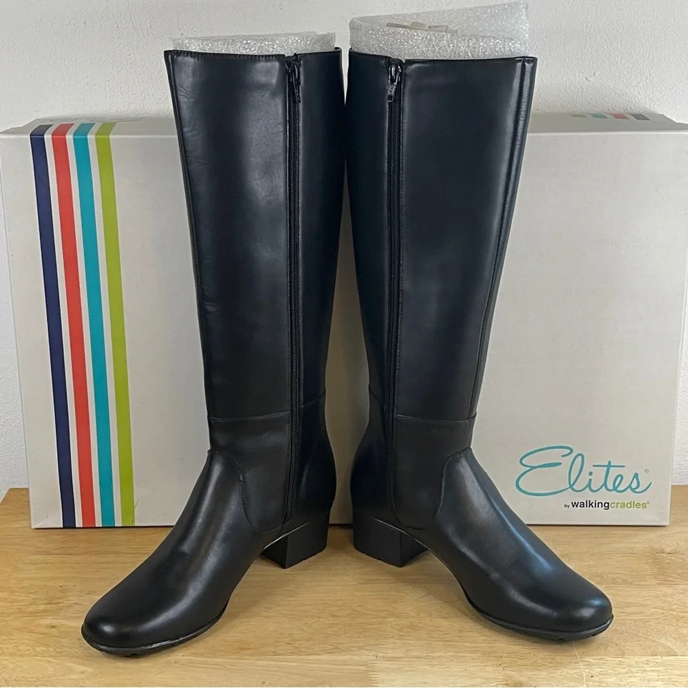 Elites Women's Walking Cradles Black Leather Knee-High Boots Size 7.5N (NWT)